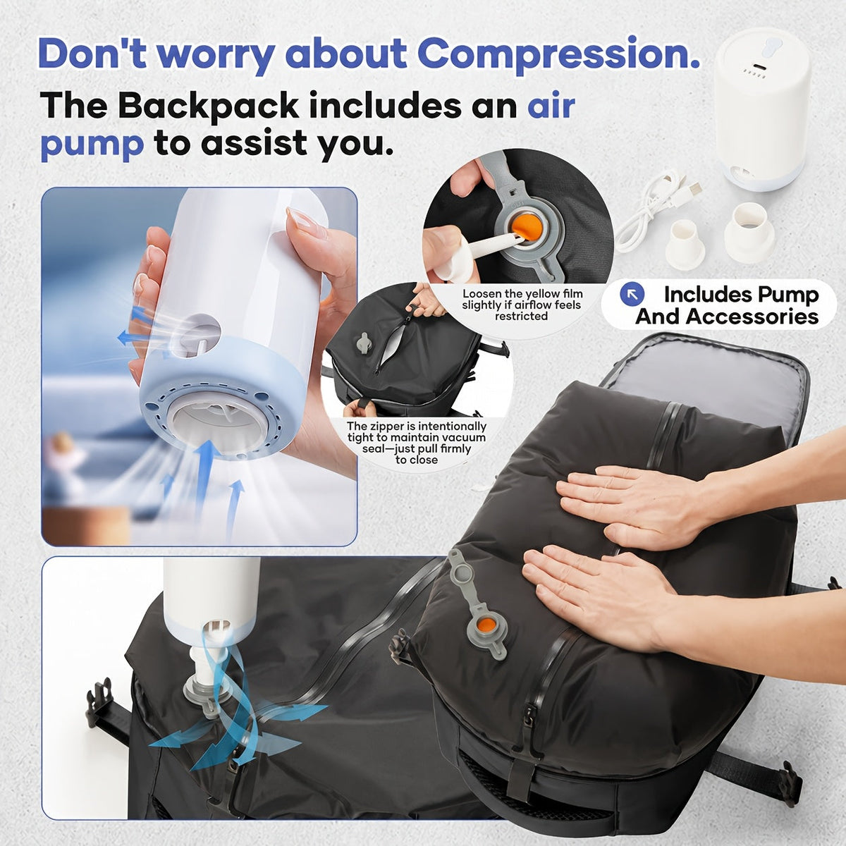 Sac à dos de voyage avec pompe à vide – Sac de transport pour ordinateur portable extensible, grande capacité, gain de place, en tissu Oxford pour hommes et femmes, randonnée, camping et voyage