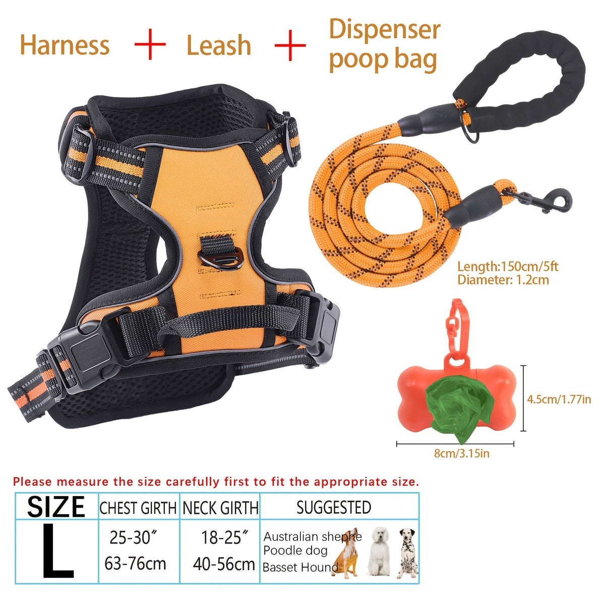Ensemble harnais et laisse pour chien 4 pièces, gilet réfléchissant en Oxford anti-traction et anti-étranglement avec laisse, distributeur de sacs à déjections et poignée de contrôle facile, pour chiens moyens et grands, dressage et promenade en extérieur