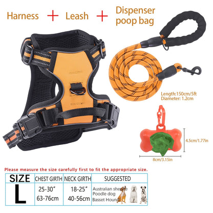 Ensemble harnais et laisse pour chien 4 pièces, gilet réfléchissant en Oxford anti-traction et anti-étranglement avec laisse, distributeur de sacs à déjections et poignée de contrôle facile, pour chiens moyens et grands, dressage et promenade en extérieur