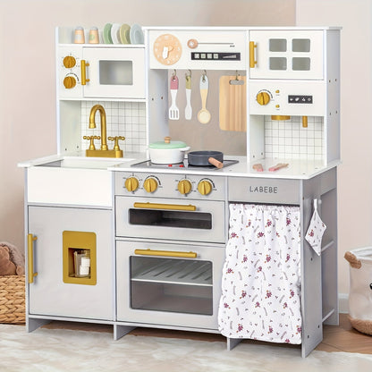 Cuisine jouet en bois pour enfants avec ustensiles et accessoires – Ensemble de cuisine réaliste avec lumières LED, sons, micro-ondes, évier et design spacieux de 95 cm pour garçons et filles de 3 à 8 ans