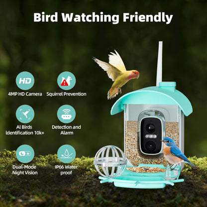 Mangeoire à oiseaux intelligente avec caméra solaire – 4MP 2K HD, identification des espèces d'oiseaux, détection de mouvement, protection contre les écureuils, étanchéité IP66, surveillance à distance via application, cadeau pour les amoureux des oiseaux
