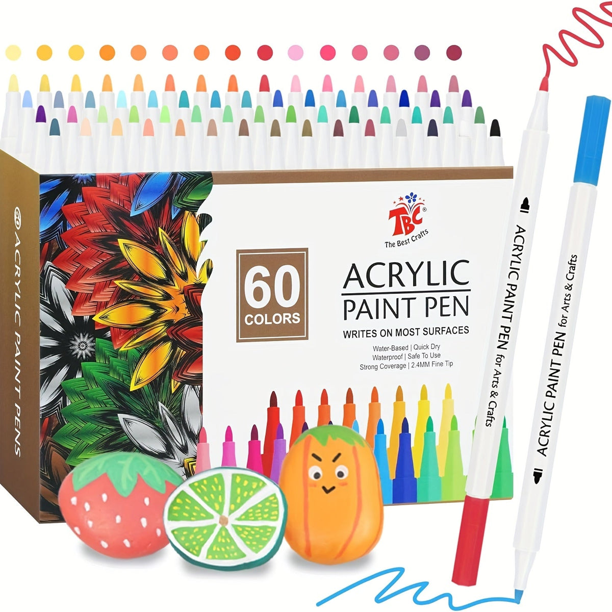 TBC The Best Crafts Marqueurs de peinture acrylique 60 couleurs, imperméables, non toxiques, sans odeur, pointe pinceau souple pour rochers, poterie, verre, toile, bois, tissu, œufs, artisanat, cadeau artistique