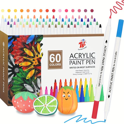 TBC The Best Crafts Marqueurs de peinture acrylique 60 couleurs, imperméables, non toxiques, sans odeur, pointe pinceau souple pour rochers, poterie, verre, toile, bois, tissu, œufs, artisanat, cadeau artistique