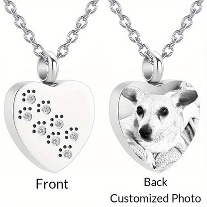Personalized Pet Cremation Jewelry for Ashes - Custom Photo Urn Necklace with Paw Print Heart Pendant, Stainless Steel Memorial Locket for Dog & Cat Ashes, Includes Funnel Kit - Pet Loss Gift