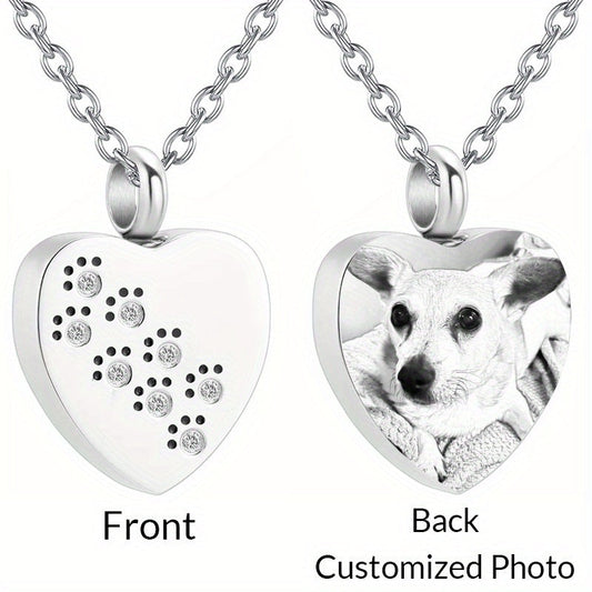 Personalized Pet Cremation Jewelry for Ashes - Custom Photo Urn Necklace with Paw Print Heart Pendant, Stainless Steel Memorial Locket for Dog & Cat Ashes, Includes Funnel Kit - Pet Loss Gift