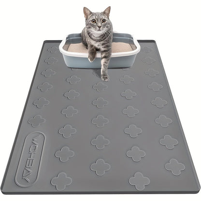 Tapis de litière pour chat en silicone XXL 3-en-1 – Protection de sol lavable et antidérapante avec bords surélevés, retient la litière, les croquettes et les miettes, tapis d'alimentation pliable pour chats, 86 x 56 cm, gris clair et gris foncé