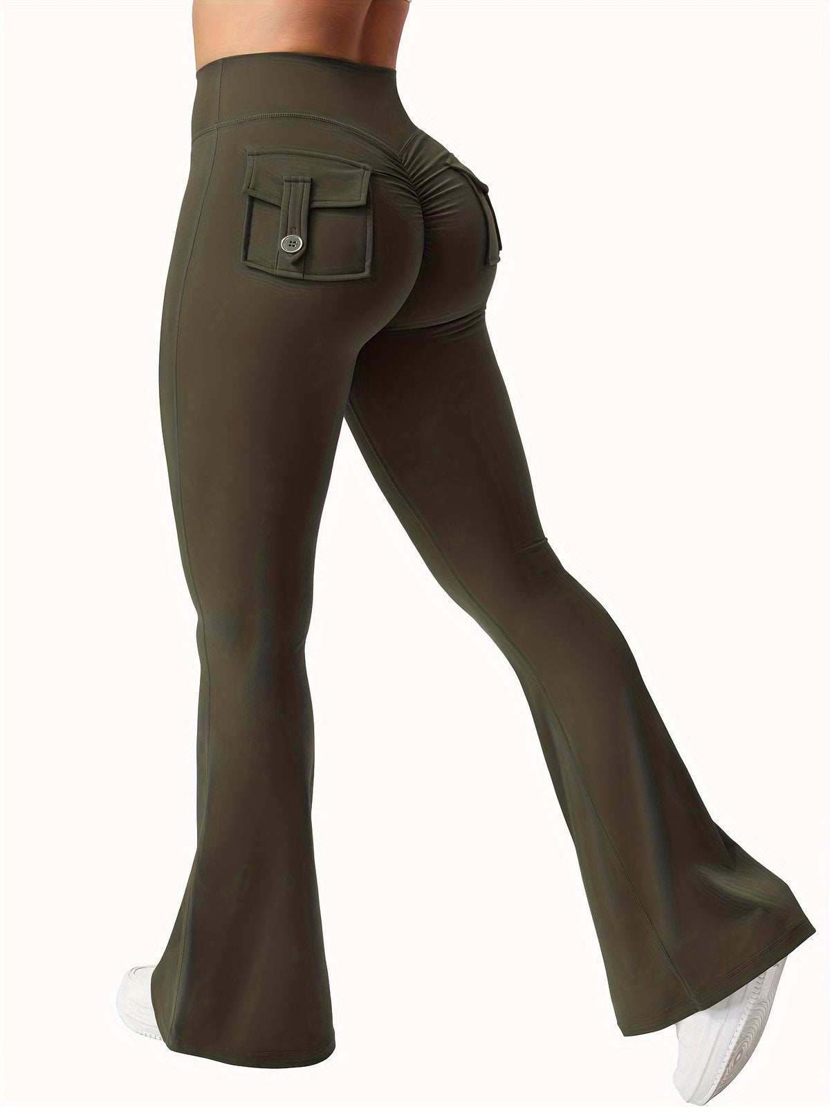 Ensemble 3 pièces pour femme : pantalon de yoga évasé à taille haute avec ceinture et poches, legging galbant effet push-up, squat-proof, 90 % polyester extensible, coupe évasée pour le sport, la gym, la course et le quotidien