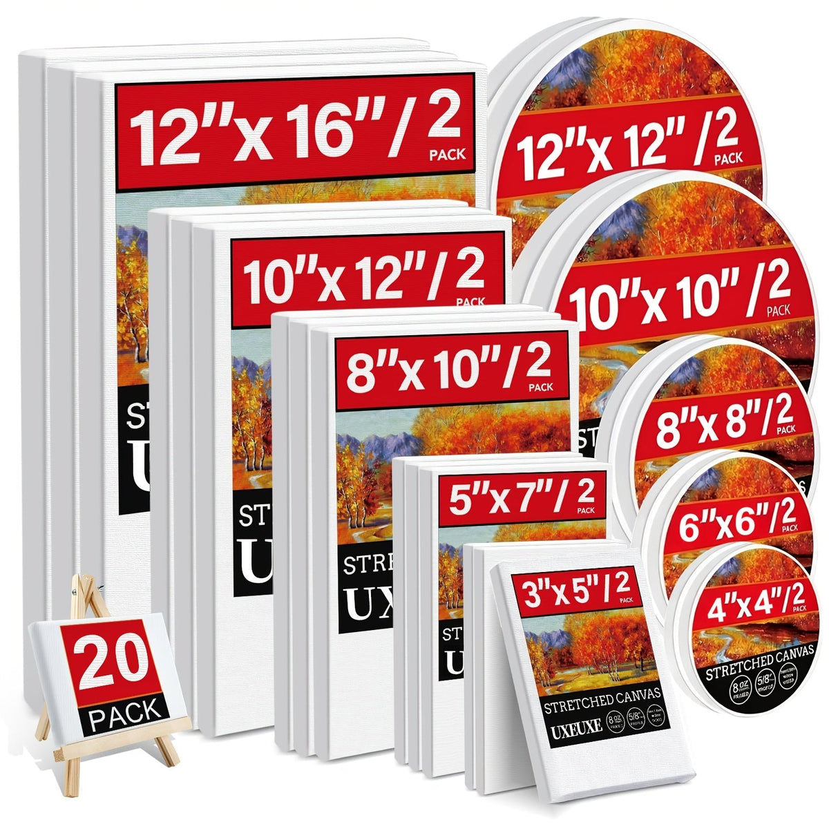 Lot de toiles tendues apprêtées en blanc, 100 % coton – Ensembles ronds, rectangulaires et carrés de 10, 15 et 20 pièces – Châssis entoilés d'artiste pour peinture acrylique, à l'huile, pouring et techniques mixtes