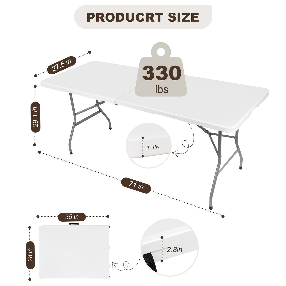 Table pliante de 1,2 m ou 1,8 m, table de camping extérieure robuste et portable avec pieds verrouillables, table pliable en plastique légère pour pique-nique, fête, camping-car, repas, événements – Blanc