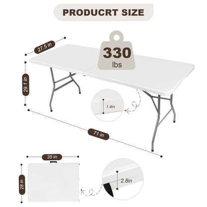 Table pliante de 1,2 m ou 1,8 m, table de camping extérieure robuste et portable avec pieds verrouillables, table pliable en plastique légère pour pique-nique, fête, camping-car, repas, événements – Blanc