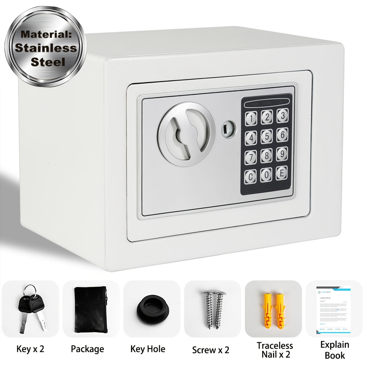 Coffre-fort ignifuge pour la maison avec clavier numérique, clés et verrouillage par code – Inclut sac ignifuge pour espèces, éclairage à détecteur et étagère réglable pour argent et objets de valeur au bureau ou à la maison
