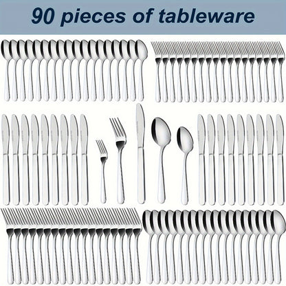 Ensemble de couverts en acier inoxydable 60/90 pièces – Argenterie pour 12 à 18 personnes avec coffret cadeau, couteaux à steak, fourchettes à salade, cuillères à dessert, lavable au lave-vaisselle, pour la maison, mariage, camping, fête, Halloween