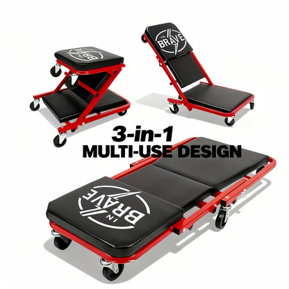 Chariot de visite mécanique pliable 3-en-1 robuste de 36 pouces avec siège en Z réglable - 6 roulettes pivotantes verrouillables, capacité de 350 à 650 lb, siège et appuie-tête rembourrés en vinyle, chariot de réparation automobile professionnel