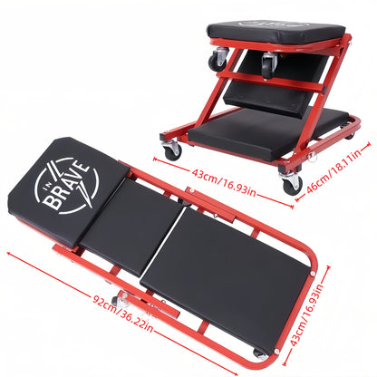 Chariot de visite mécanique pliable 3-en-1 robuste de 36 pouces avec siège en Z réglable - 6 roulettes pivotantes verrouillables, capacité de 350 à 650 lb, siège et appuie-tête rembourrés en vinyle, chariot de réparation automobile professionnel