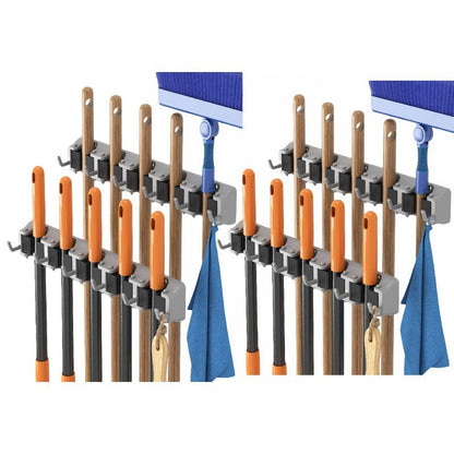 Support mural pour balais et serpillères, 5 emplacements et 6 crochets, organiseur robuste antidérapant pour outils de nettoyage, idéal pour la maison, le garage, la cuisine, la buanderie ou le bateau – Installation facile sur toute surface