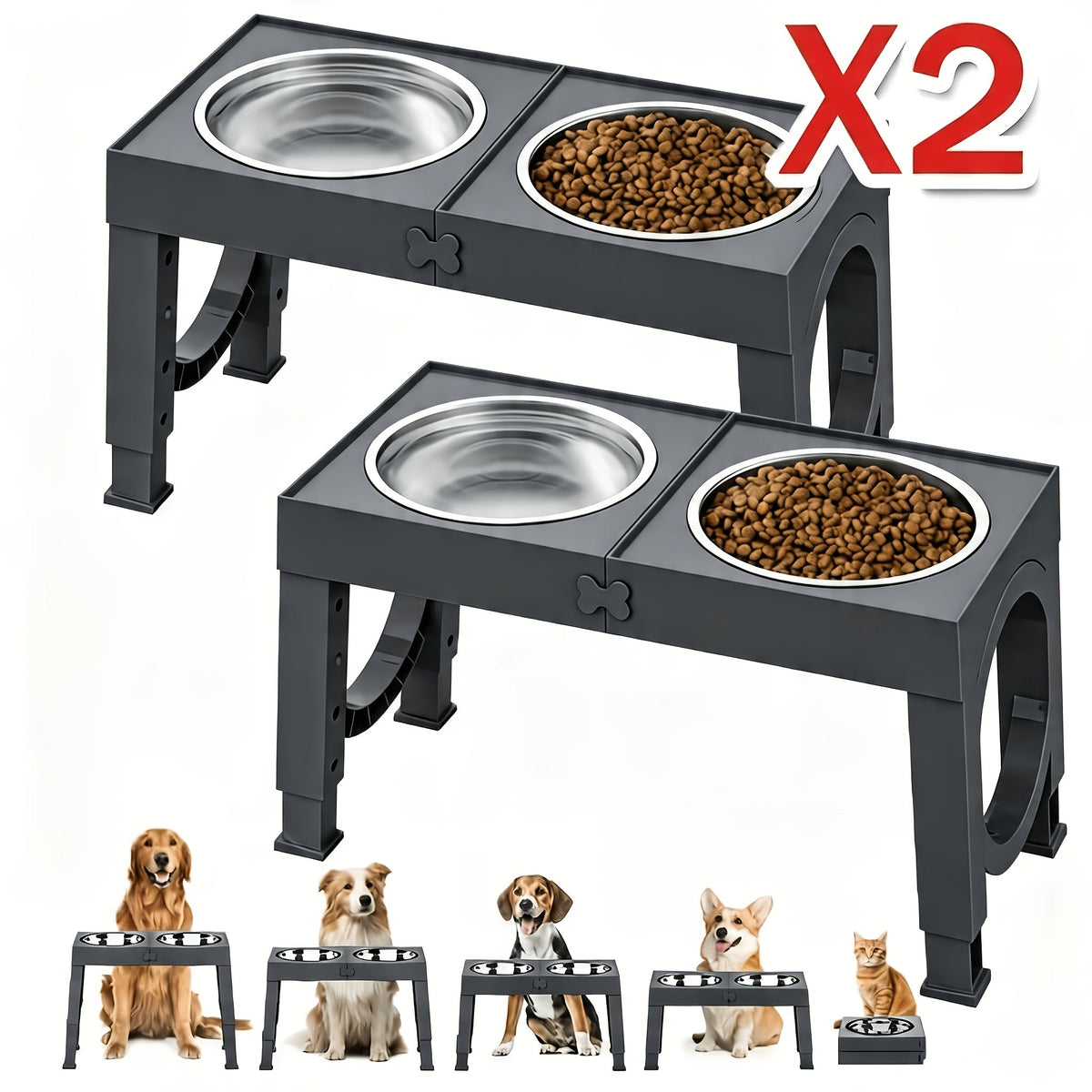 Gamelle surélevée pliable pour chien – Support réglable sur 5 hauteurs avec 2 bols en acier inoxydable, antidérapant, mangeoire et abreuvoir portables pour chiens et chats de toutes tailles, lot de 2