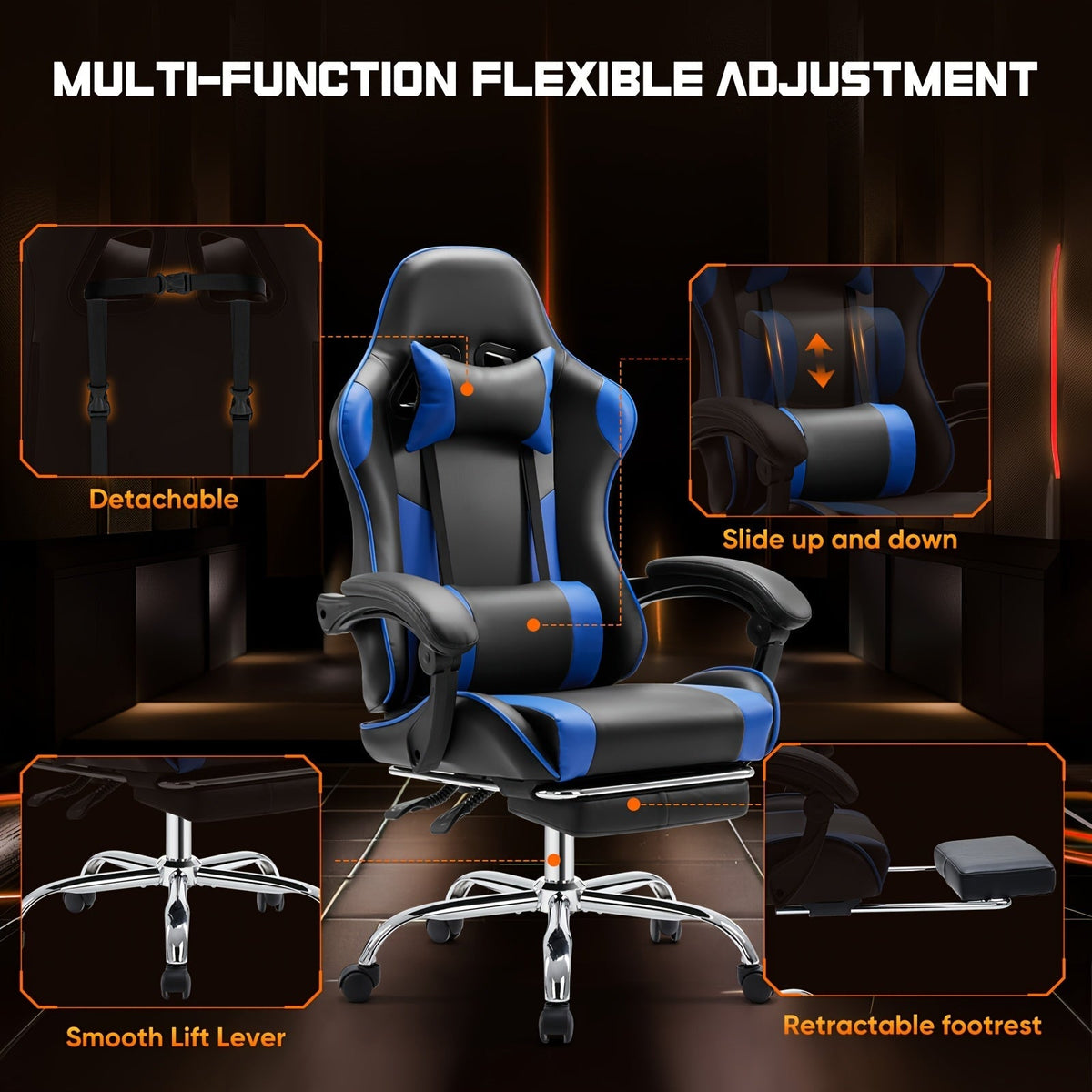 Chaise de gaming ergonomique avec repose-pieds et soutien lombaire – Fauteuil d'ordinateur esport style course, accoudoirs fixes, dossier inclinable réglable, chaise de bureau pour adultes