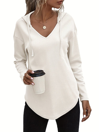 Sweat-shirt à capuche pour femme avec ourlet asymétrique, col en V et cordon de serrage - Pull décontracté à manches longues en maille pour l'automne et l'hiver