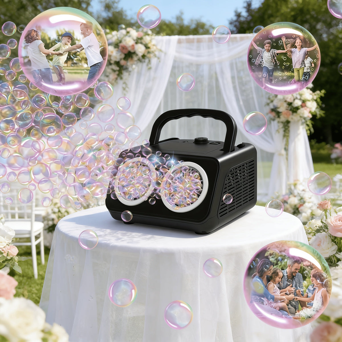 Machine à bulles automatique améliorée, conception épaissie à 2 ventilateurs, plus de 20 000 bulles par minute, sur secteur ou sur piles, souffleur de bulles portable pour intérieur et extérieur pour fêtes d'anniversaire, mariages, enfants, blanc noir