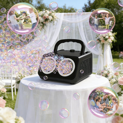 Machine à bulles automatique améliorée, conception épaissie à 2 ventilateurs, plus de 20 000 bulles par minute, sur secteur ou sur piles, souffleur de bulles portable pour intérieur et extérieur pour fêtes d'anniversaire, mariages, enfants, blanc noir