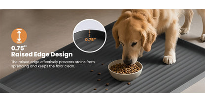 Tapis d'alimentation imperméable pour animaux 91 x 61 cm – Grand tapis antidérapant pour nourriture pour chien et chat – Bords surélevés, rainures de dérivation, facile à nettoyer, tapis de gamelle pour nourriture et eau, gris