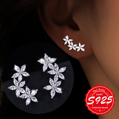 Boucles d'oreilles fleur  à cinq pétales en argent sterling S925 pour femme – Clous d'oreilles brillants, élégants et hypoallergéniques, design floral unique pour le quotidien, anniversaire et cadeau pour femme (4,65 g)