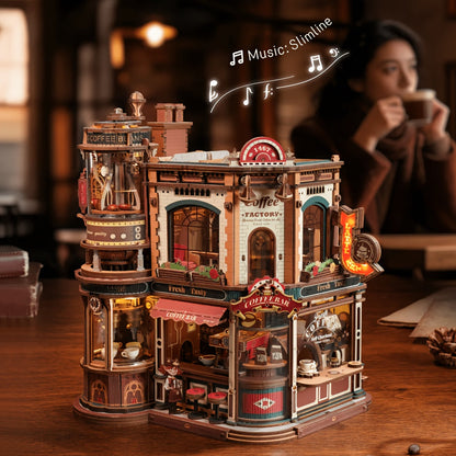ROBOTIME 3D Wooden Puzzle Dream Coffee Factory Model with Mechanical Moving Parts, LED Lighting & Music - Wood Desk Decor Building Kit, Creative Gift for Hobbyists, Adults & Office Display