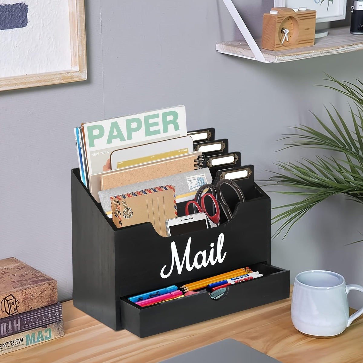 Grand organisateur de courrier de bureau en bois massif avec tiroir, 4 compartiments et séparateurs étiquetables pour dossiers, lettres et papier, organisateur de bureau pour bureau à domicile, étudiants et professionnels