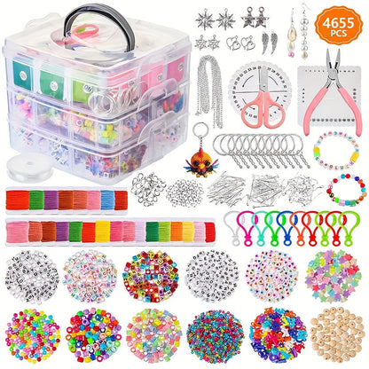 Kit de fabrication de bijoux DIY, 4655 perles pour bracelets, colliers et boucles d'oreilles avec boîte de rangement à 3 niveaux, breloques lettres et outils, cadeau pour filles et femmes