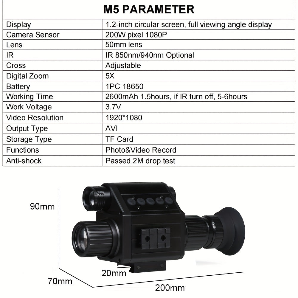 Lunette de vision nocturne numérique pour la chasse – Monoculaire infrarouge, zoom 5x, enregistrement vidéo HD 1080p, carte TF 32 Go et batterie 2600 mAh, réticule intégré pour la chasse, le camping et l'aventure en pleine nature