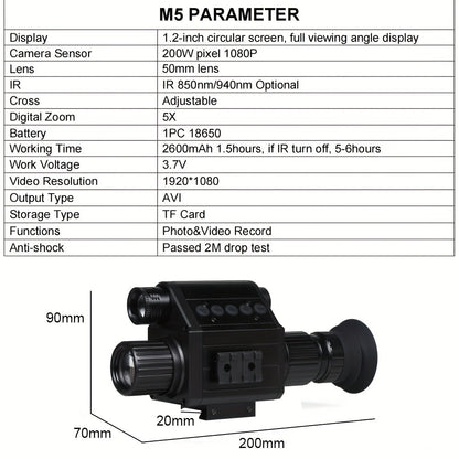 Lunette de vision nocturne numérique pour la chasse – Monoculaire infrarouge, zoom 5x, enregistrement vidéo HD 1080p, carte TF 32 Go et batterie 2600 mAh, réticule intégré pour la chasse, le camping et l'aventure en pleine nature