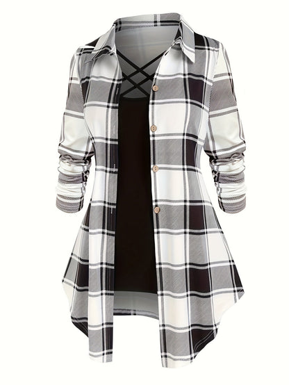 Women's Retro 2-Piece Set - High-Waist Plaid Long Sleeve Blouse & Body Strap | Vintage Button Lapel Collar Fall Spring Outfit Fashion
