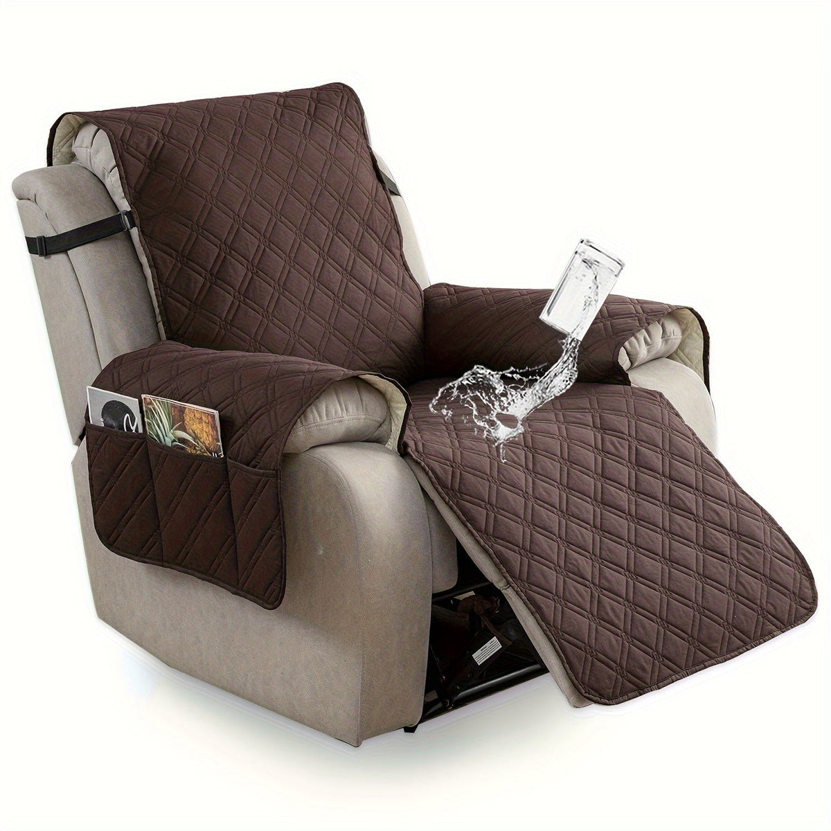 Housse de fauteuil inclinable imperméable avec poches latérales, sangles antidérapantes, tissu matelassé 4 couches, protection contre les animaux et les enfants, lavable en machine – 11 couleurs