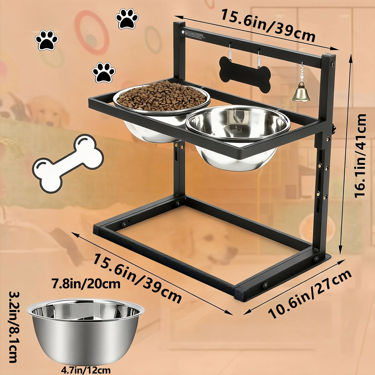 Support de gamelles surélevé et réglable pour chien avec 2 bols en acier inoxydable – Mangeoire surélevée en métal robuste pour chiens de grande et moyenne taille, support ergonomique réglable en hauteur pour nourriture et eau, noir