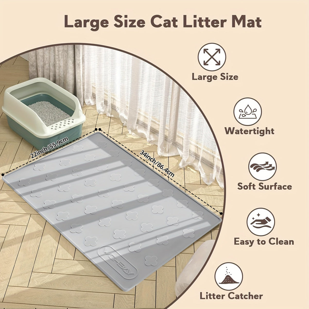 Tapis de litière pour chat en silicone XXL 3-en-1 – Protection de sol lavable et antidérapante avec bords surélevés, retient la litière, les croquettes et les miettes, tapis d'alimentation pliable pour chats, 86 x 56 cm, gris clair et gris foncé