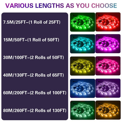 Ruban LED RVB de 15 m à 80 m – Changement de couleur avec télécommande 44 touches, mode DIY, intensité réglable, pour chambre, salon, Noël, fêtes et décoration intérieure