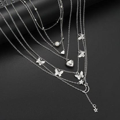 Ensemble de bijoux pour femme 108 pièces, collier, bracelet, bracelet de cheville, bague et boucles d'oreilles vintage avec papillon, cœur et strass, chaînes multicouches, bijoux fantaisie argentés, cadeau pour elle