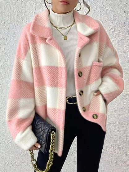 Women's Plaid Plush Button-Front Jacket – Elegant Casual Fuzzy Coat Warm Cozy Outerwear Autumn Winter Daily Wear