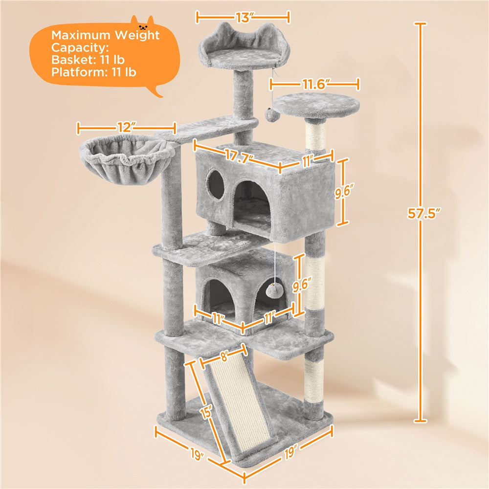 Arbre à chat multiniveaux de 145 cm avec 2 niches – poteaux à griffer en sisal, balle suspendue, plateforme ronde et échelle pour chatons et petits chats d'intérieur, 6 couleurs, cadeau de Noël pour les amoureux des chats