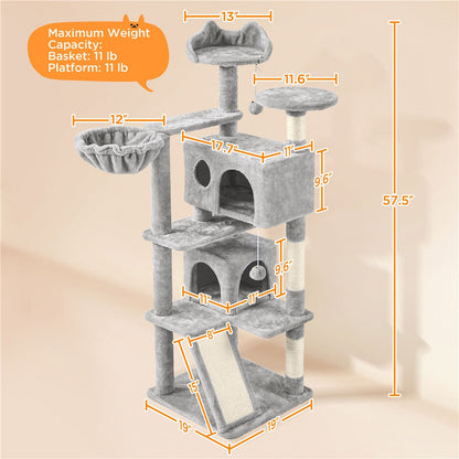 Arbre à chat multiniveaux de 145 cm avec 2 niches – poteaux à griffer en sisal, balle suspendue, plateforme ronde et échelle pour chatons et petits chats d'intérieur, 6 couleurs, cadeau de Noël pour les amoureux des chats