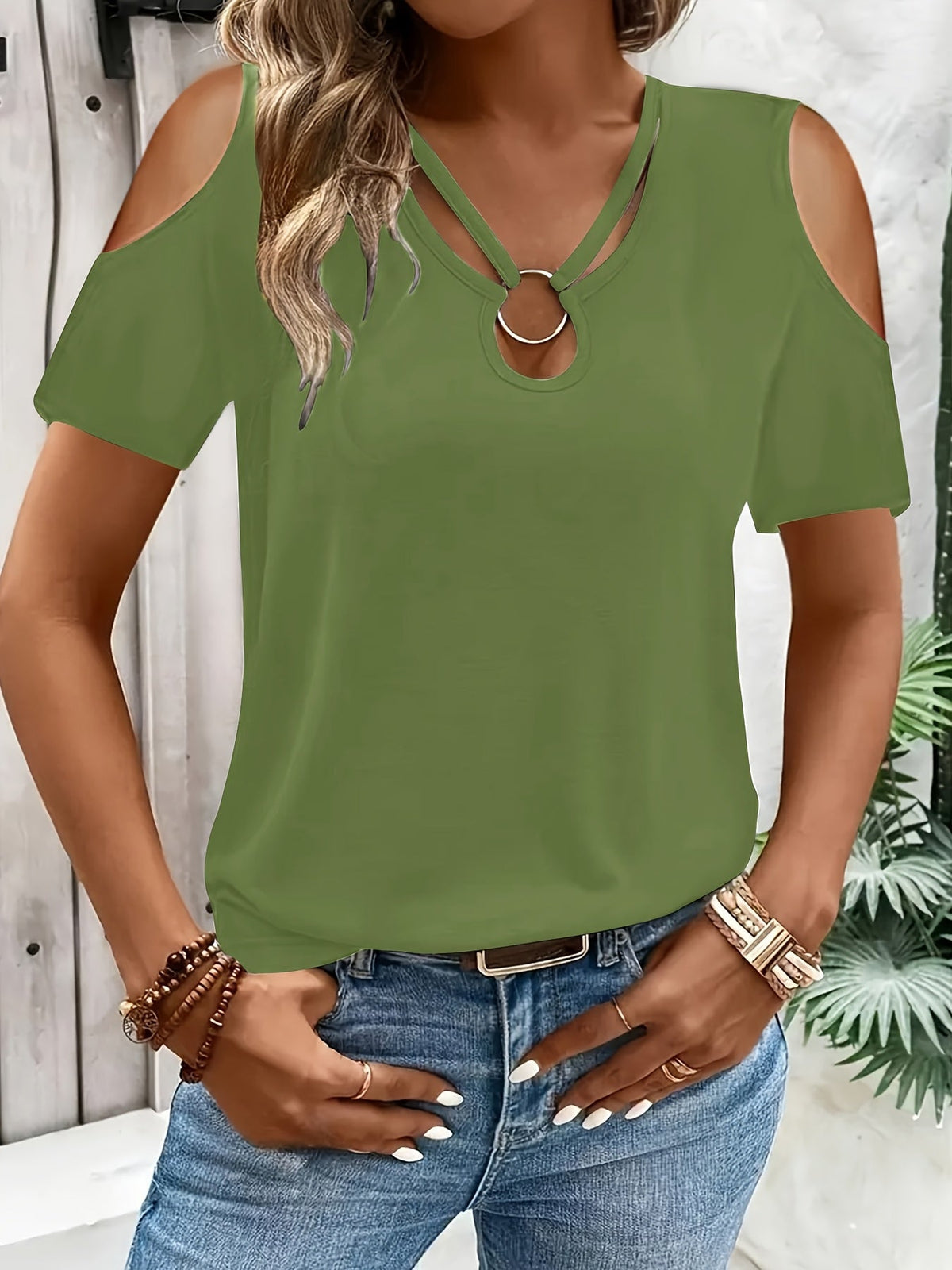 T-shirt femme à épaules dénudées et manches courtes, col rond uni en maille extensible, haut décontracté printemps-été, noir, blanc, bordeaux, bleu, vert olive, chocolat, S M L XL XXL