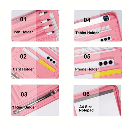 Classeur à anneaux avec fermeture éclair en cuir vegan, format A4, avec pochette pour ordinateur portable, organisateur de travail pour femmes et hommes