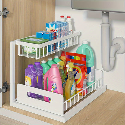 Organisateur sous évier avec étagère coulissante – Étagère de rangement en métal à deux niveaux pour cuisine, salle de bain, garde-manger et placard, organisateur de placard sous évier gain de place, disponible en lot de 1 et lot de 2
