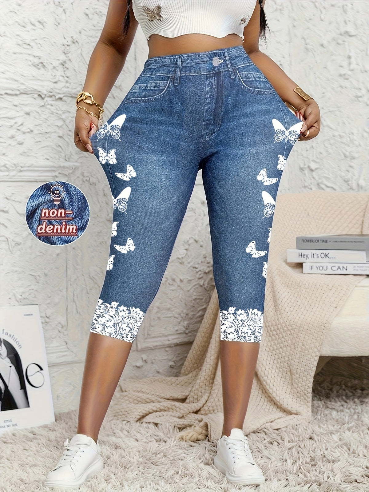 Legging Capri pour femme effet jean, pantalon stretch moulant imprimé, pantalon court, couleurs mélangées bleu fleur, S M L XL XXL