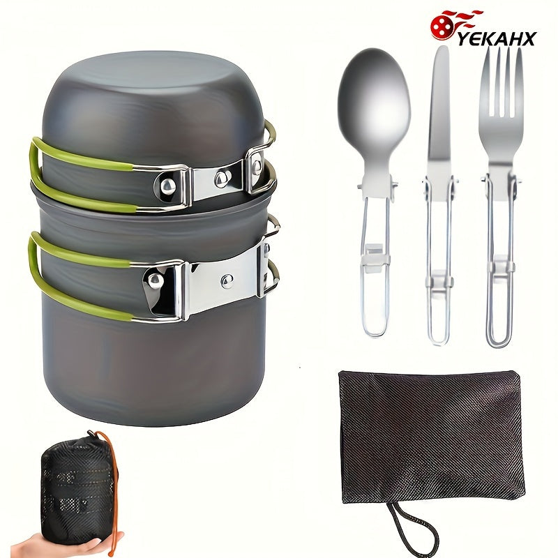 Ensemble de cuisine de camping en acier inoxydable 304 avec rangement pliable – Casserole compacte et durable avec couteaux et fourchettes pour randonnée, pique-niques et camping, vert et orange, kit de cuisine de camping léger