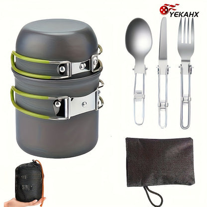 Ensemble de cuisine de camping en acier inoxydable 304 avec rangement pliable – Casserole compacte et durable avec couteaux et fourchettes pour randonnée, pique-niques et camping, vert et orange, kit de cuisine de camping léger