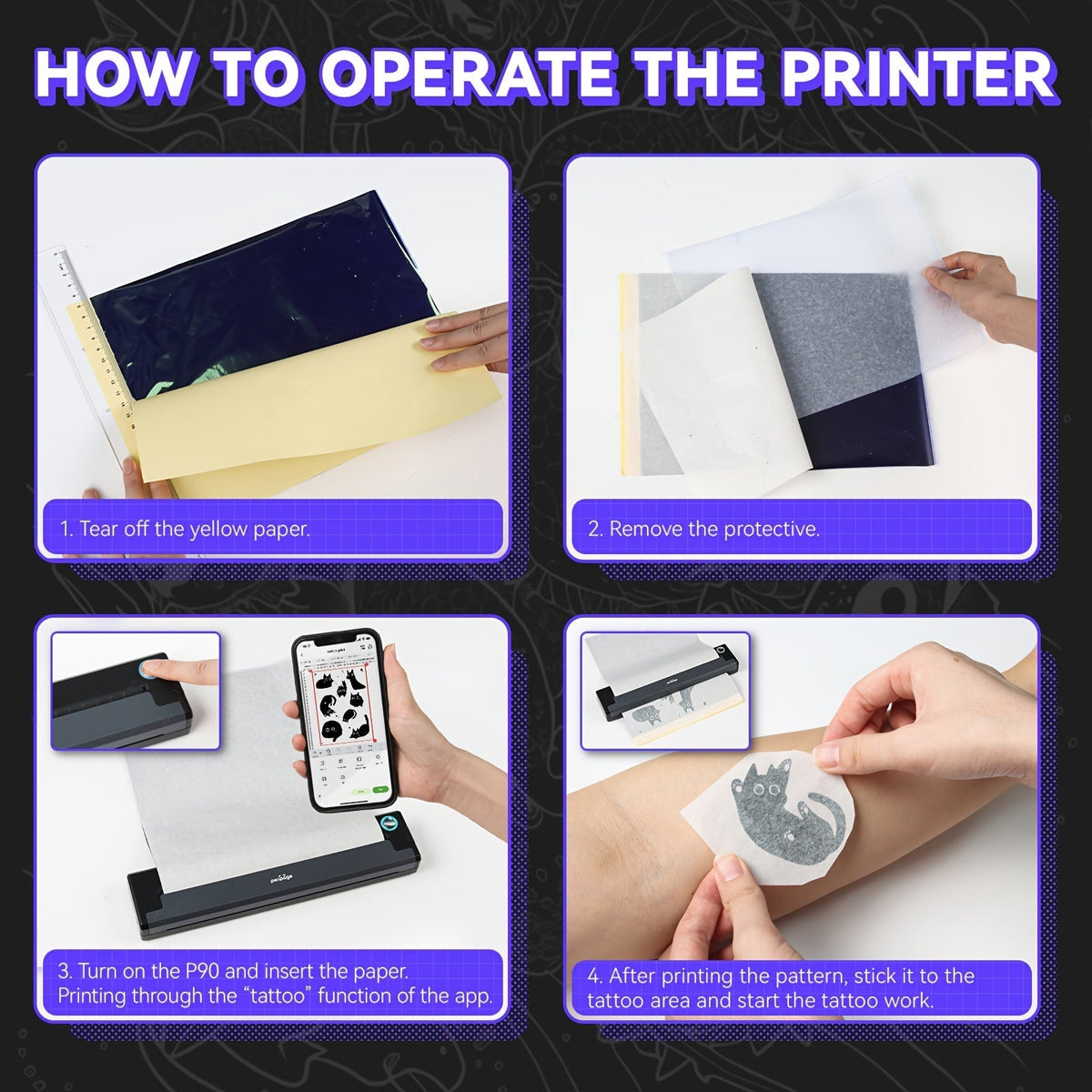 Imprimante de pochoirs de tatouage Peripage P90 – Imprimante thermique portable pour papier transfert de tatouage, compatible avec iOS, Android et PC, mini imprimante sans fil incluant 5 feuilles de papier transfert A4, cadeau pour tatoueurs
