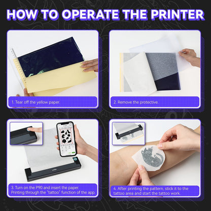 Imprimante de pochoirs de tatouage Peripage P90 – Imprimante thermique portable pour papier transfert de tatouage, compatible avec iOS, Android et PC, mini imprimante sans fil incluant 5 feuilles de papier transfert A4, cadeau pour tatoueurs
