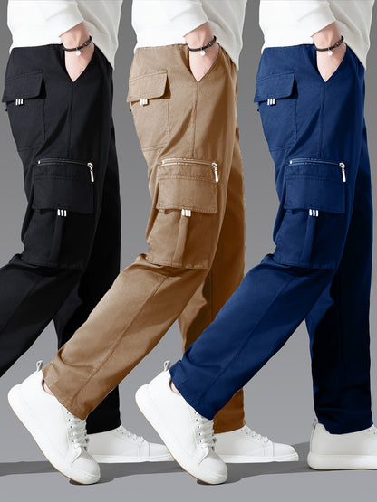 Lot de 3 pantalons cargo pour homme, coupe droite multipoches – Pantalon de randonnée en polyester tissé uni pour le printemps et l'automne, tailles S à XXXL, 9 combinaisons de couleurs