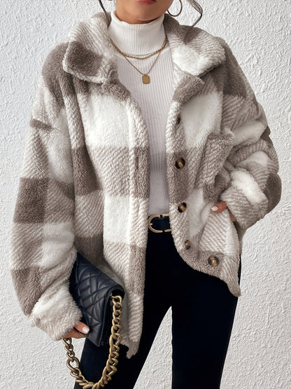 Women's Plaid Plush Button-Front Jacket – Elegant Casual Fuzzy Coat Warm Cozy Outerwear Autumn Winter Daily Wear